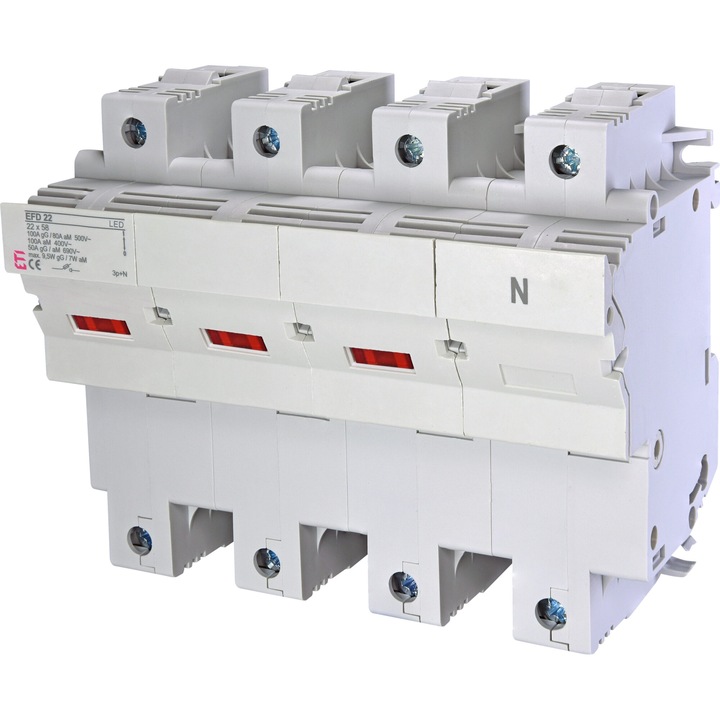 Separator cu fuzibil, 22x58mm, curent alternativ, 3P+N, 100A, cu indicator vizual LED pentru semnalizare ardere fuzibil, 002570015, ETI