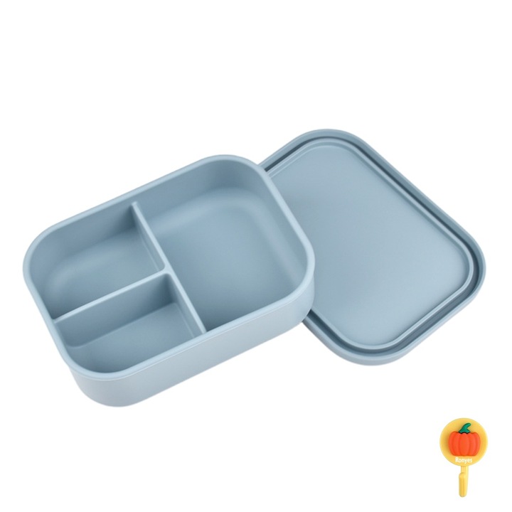 Caserola Lunch Box Ronyes, silicon alimentar, 3 compartimente, 700 ml, 17.3x11x5.6cm, Albastru