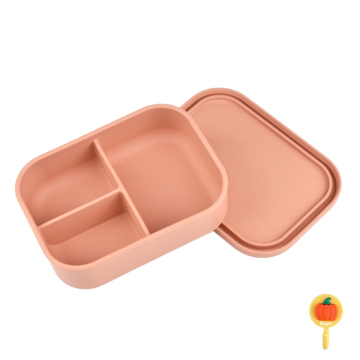 Caserola Lunch Box din silicon pentru copii, Ronyes, 3 compartimente, 700 ml, 17.3x11x5.6cm, maro