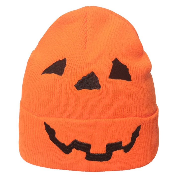 Caciula unisex pentru Halloween, Amrinugl, Model dovleac, Poliester, Portocaliu/Negru