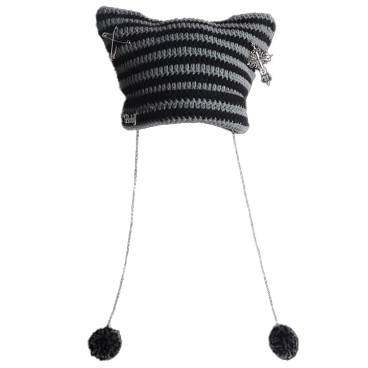 Caciula crosetata cu urechi de pisica, design cu dungi, poliester, Gri/Negru