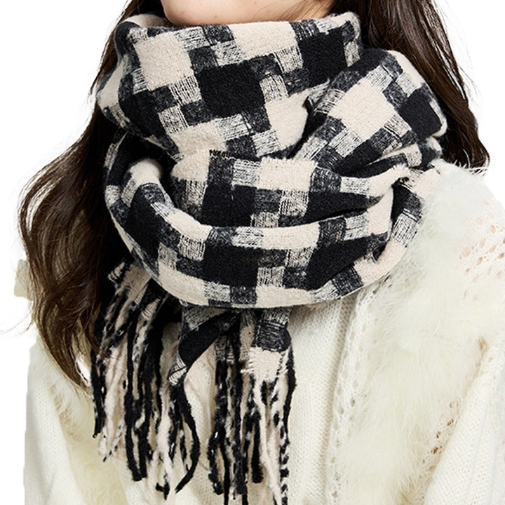 Esarfa dama, Casmir, model Cu, One Size, Alb/Negru