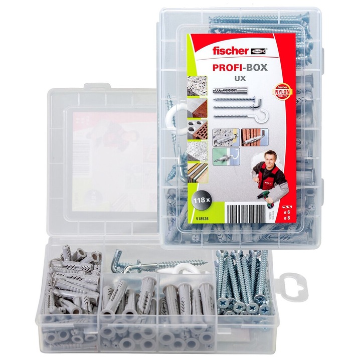 Set 118 Dibluri si suruburi de beton, Fischer, Gri