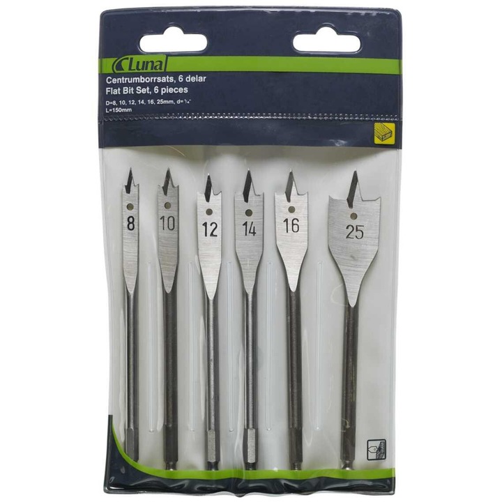 Set de 6 burghie plate Luna, 1/4", dimensiuni 8x10x12x14x16x25mm, etui plastic