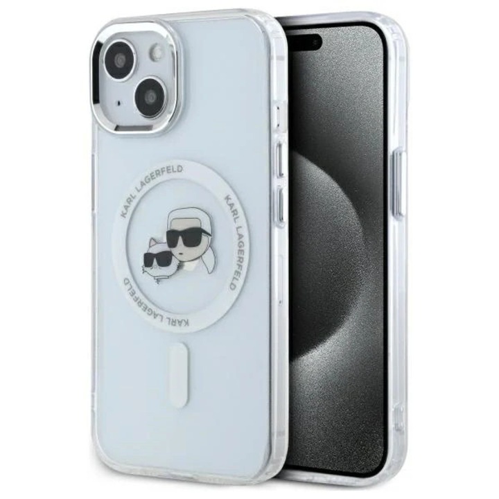 Carcasa Karl Lagerfeld IML Metal Karl & Choupette Head, Ring MagSafe, compatibila cu iPhone 14, Alb