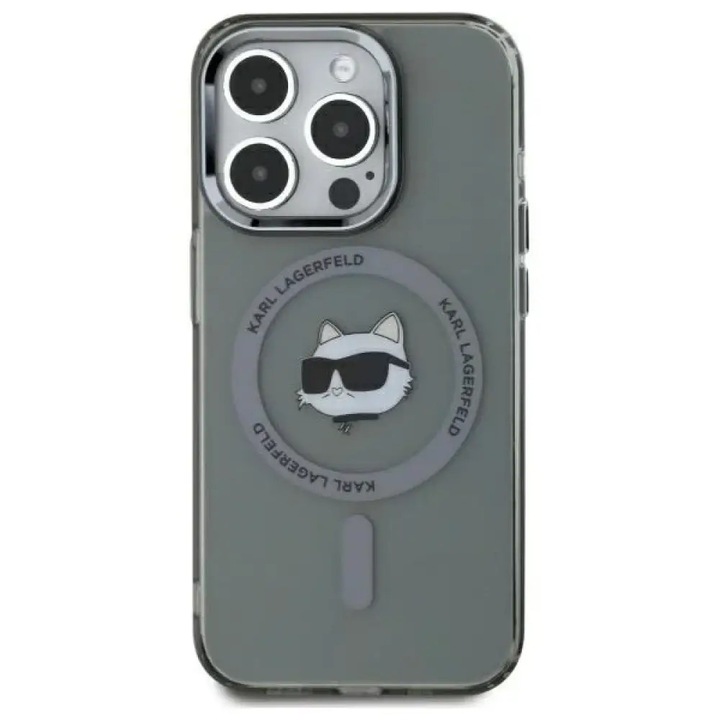 Carcasa Karl Lagerfeld IML Metal Choupette Head, cu MagSafe, compatibila cu iPhone 15 Pro Max, Negru