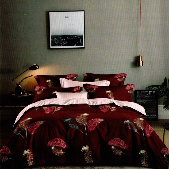 Lenjerie pat dublu ELVO 4 piese cearsaf pat 220x230 cm, pilota 200x220 cm, 2 fete perne 50x70 cm Pene Rosu Ralex Pucioasa ELV129