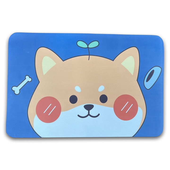 Covoras pentru baie Antiderapant, Material moale din Spuma de Silicon si Diatom, Super Absorbant, Uscare Rapida, Model Catelus, Albastru, 40 x 60 cm