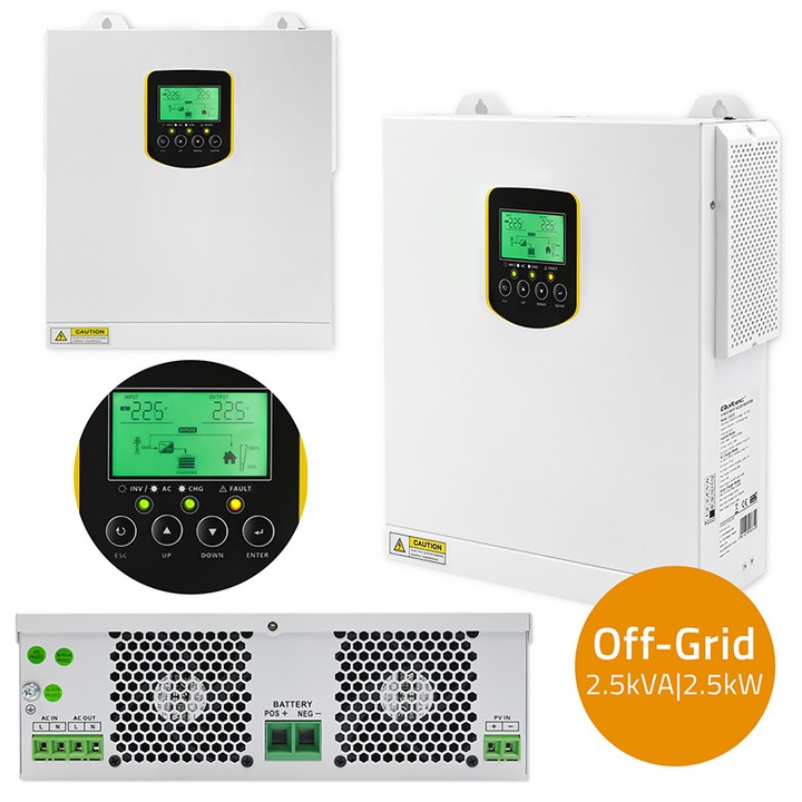 Invertor hibrid off-grid, Qoltec, afisaj LCD multifunctional, controler de incarcare MPPT 100A, unda sinusoidala pura, 2.5kVA, 2.5kW, 100A, MPPT, LCD, BMS, Sinus, Alb