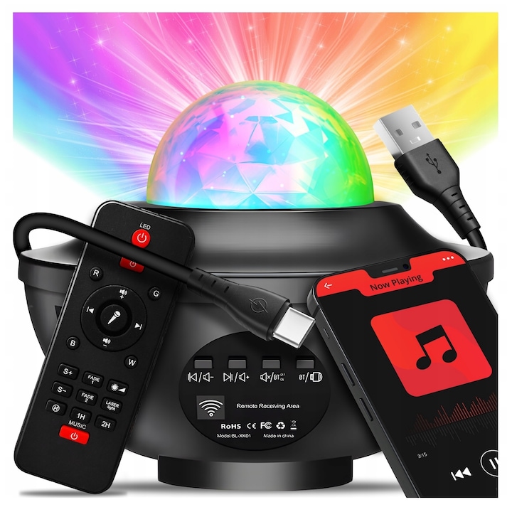 GALAXIA® Детски звезден проектор с нощна лампа и Bluetooth високоговорител, Изгрев, Черен