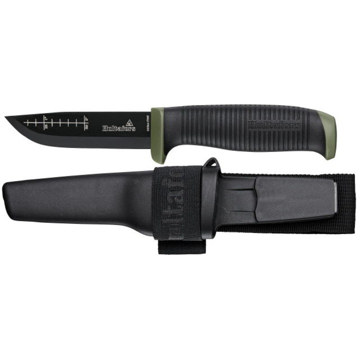 Kés + hüvely, Hultafors, Szénacél, Csúszásmentes nyél, 58-60 HRC. 93 mm, fekete