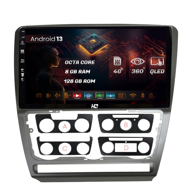 Navigatie HUB64 Skoda Octavia 2, 8GB RAM, Android 13, Octacore, Slot Sim 4G, DSP, GPS, Wi-FI, Carplay, Android Auto, USB, Bluetooth, Waze, Touchscreen, 10.1 Inch