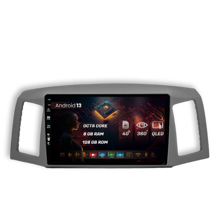 Navigatie HUB64 Jeep Grand Cherokee (2004-2007), 8GB RAM, Android 13, Octacore, Slot Sim 4G, DSP, GPS, Wi-FI, Carplay, Android Auto, USB, Bluetooth, Waze, Touchscreen, 9 Inch