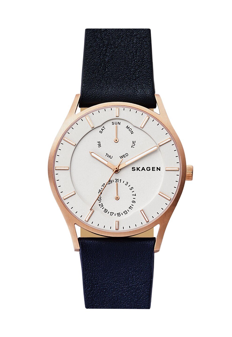 Skagen Ceas auriu rose cu o curea de piele