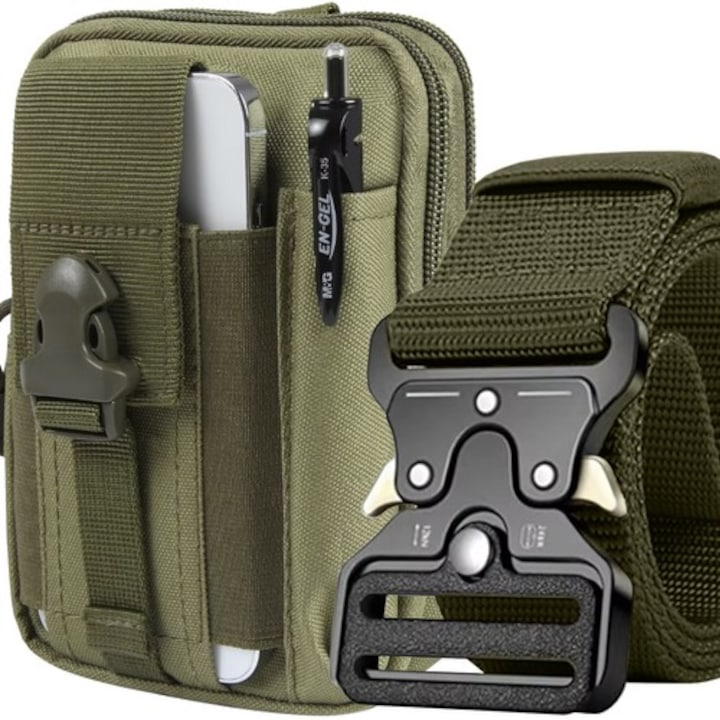 VarioShop® мъжка военна чанта и комплект колан, 2 отделения, джоб за телефон, водоустойчив, 13 x 5 x 17 см, зелен