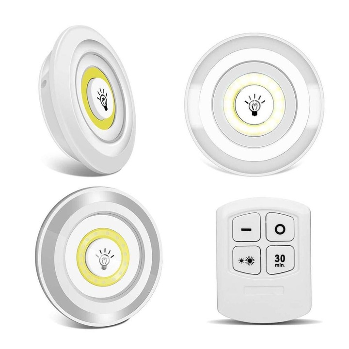 3 db LED lámpa készlet, 3 W COB, Távirányítóval vezérelhető, Elemekkel működik, Fehér