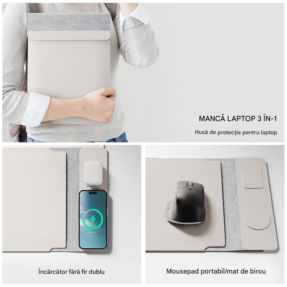 Husa laptop 13 -14 inch, 4-in-1, Incarcator wireless pentru telefon mobil si casti, Mousepad, Protectie zgarieturi si caderi, Cu inchidere magnetica, Gri