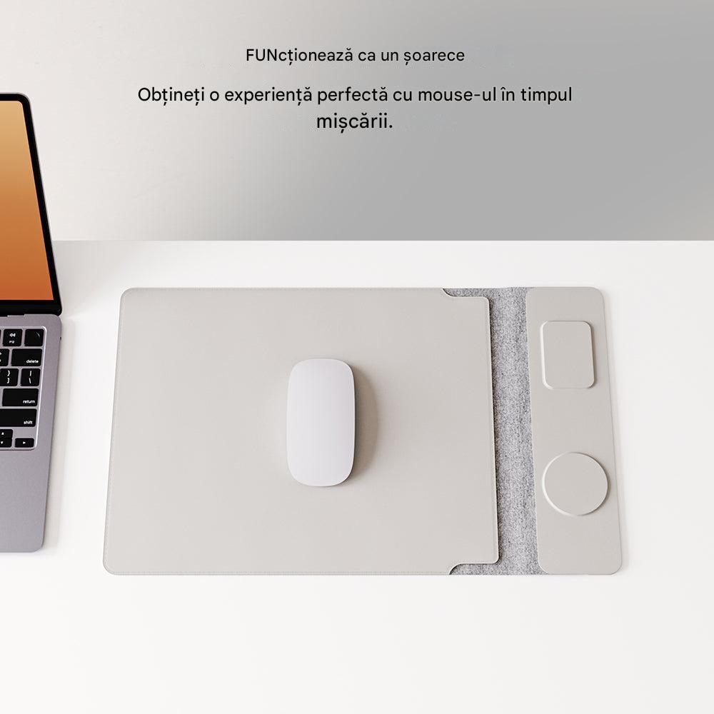 Husa laptop 13 -14 inch, 4-in-1, Incarcator wireless pentru telefon mobil si casti, Mousepad, Protectie zgarieturi si caderi, Cu inchidere magnetica, Gri