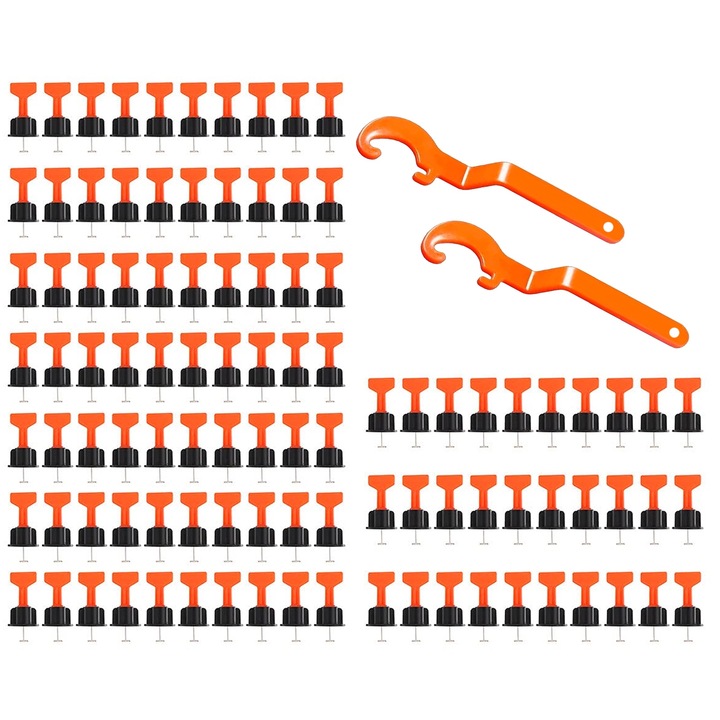 Set 100 Buc Sistem Pentru Nivelarea Placilor De Faianta, Hggzeg, Cu cheie de strangere, Reutilizabile, Usor de instalat si utilizat, Design ergonomic, PP, 35x62mm, Portocaliu/Negru