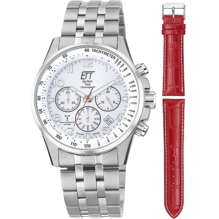 Ceas solar ETT Eco Tech Time cu cronograf, bratara metalica, curea din piele rosie, 43mm, 10 ATM