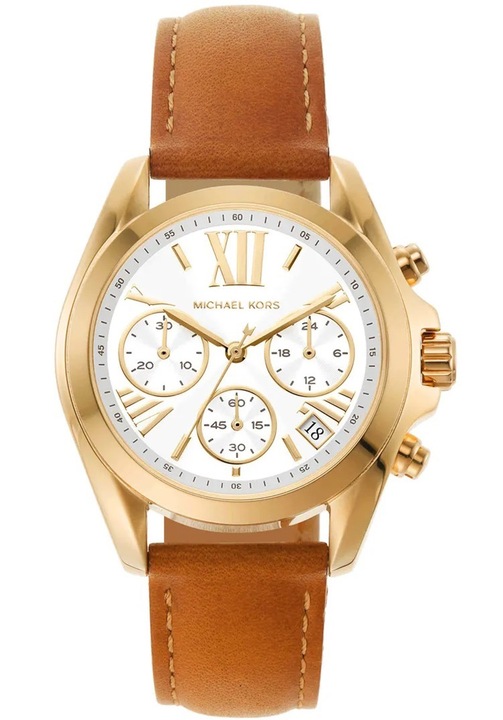 Ceas dama Michael Kors, piele naturala/inox, cronograf, cafea, 36mm