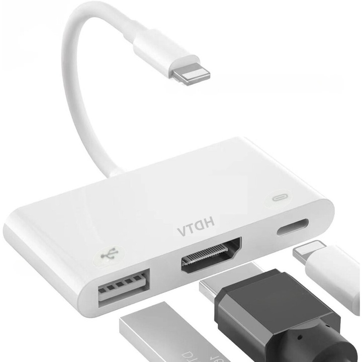 Адаптер, USB-C, Цифров AV многопортов, Lightning прожекционен кабел, Видео конвертор за устройство Apple към HD TV, USB, За Lightning 3 в 1, Бял
