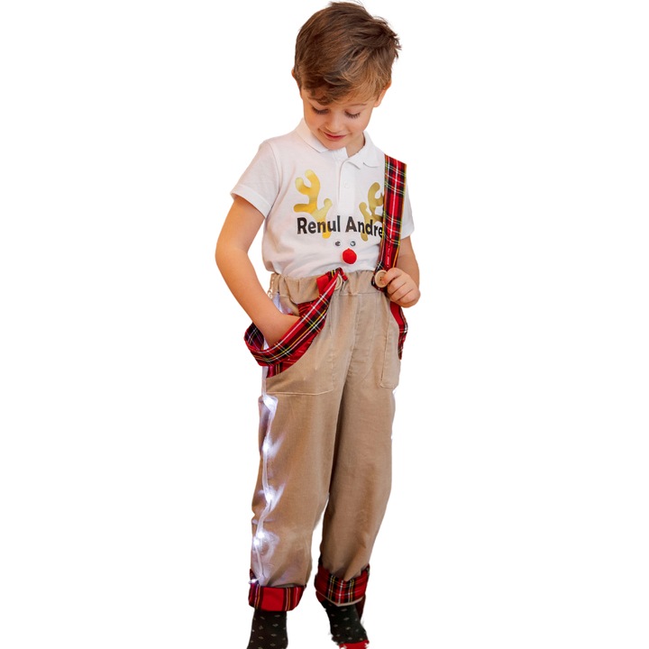 Nadrág LED-ekkel, krémszínű - Elf Red állítható pántokkal - 5-6 év (110-116 cm)