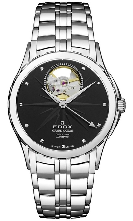 Ceas barbatesc Edox Grand Ocean Open Heart, bratara metalica, 32mm, rezistenta apa 5 ATM