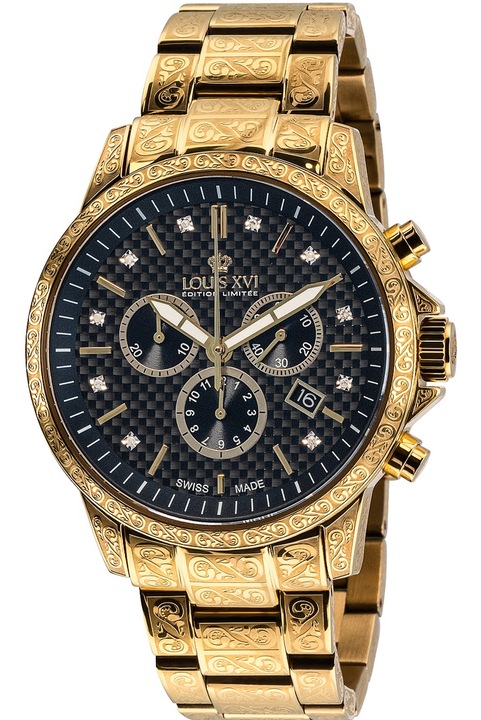 Ceas barbatesc Louis XVI Palais Royale, cronograf, bratara metalica aurie, 43mm, 10 ATM
