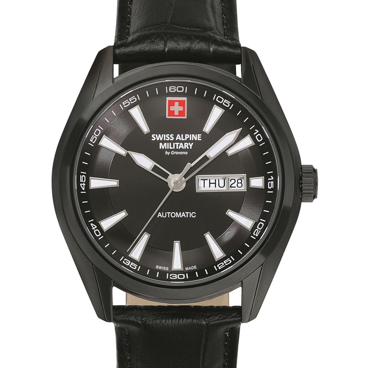 Ceas barbati Swiss Alpine Military by Grovana 7090.2577, Automat, 43mm, Curea din Piele Neagra