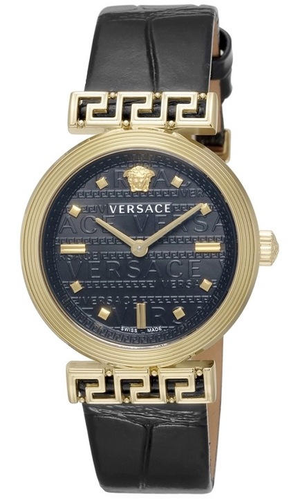 Ceas dama Versace Meander, piele neagra, 34mm, rezistenta la apa 3 ATM