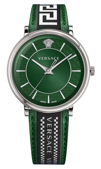 Мъжки часовник Versace V-Circle, кожа/неръждаема стомана, 42мм, водоустойчивост 5 АТМ, зелен/сребрист