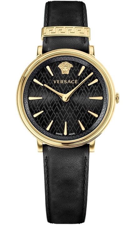 Ceas dama Versace V-Circle, inox/piele, 38mm, rezistenta la apa 5 ATM, negru/auriu
