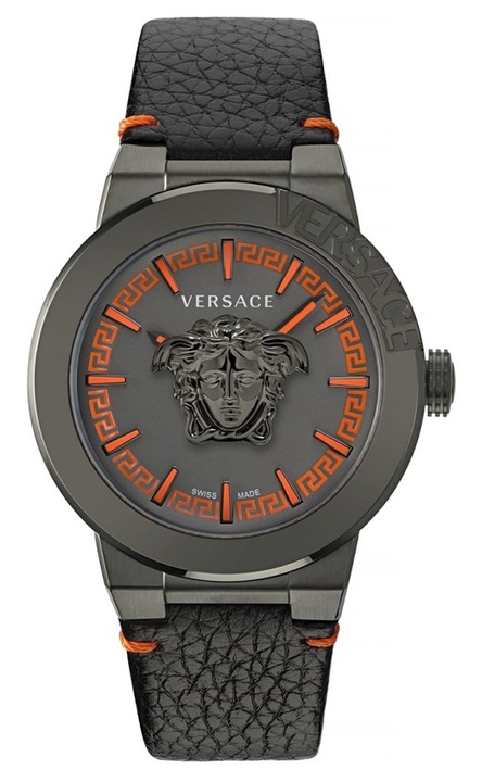 Ceas barbati Versace Medusa Infinite, inox/piele, 43mm, rezistent la apa 5 ATM, negru/portocaliu