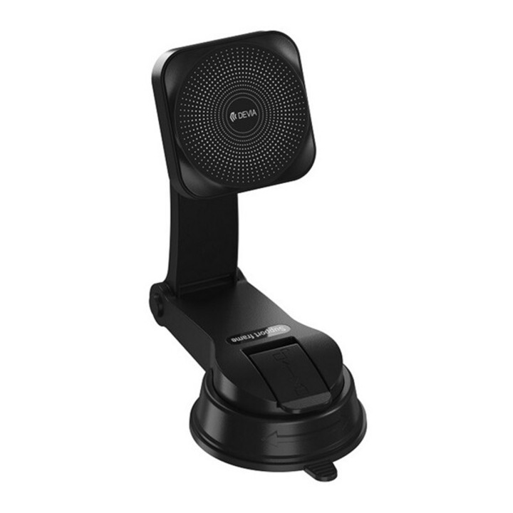 Devia autós tartó, műszerfalra, szélvédőre, tapadókorongos, mágneses, 15w, wireless, gyorstöltő, állítható, 360°, fekete