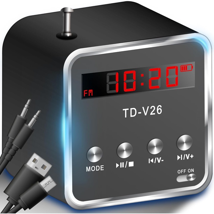 Mini Boxa Portabila cu Radio FM si MP3 Player, LED, Display LCD, 45dB, Compatibil USB, MicroSD, Negru/Gri