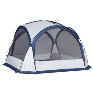 Cort de Camping pentru 6-8 persoane cu 4 Usi cu fermoar Outsunny, 350x350x230cm, Alb si Albastru