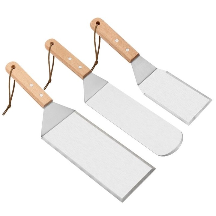 Set 3 spatule pentru gratar By Fitilomania, din metal, margini subtiri, suprafata antiaderenta, rezistente la temperaturi ridicate, maner ergonomic din lemn, 3 forme, agatatoare, gri