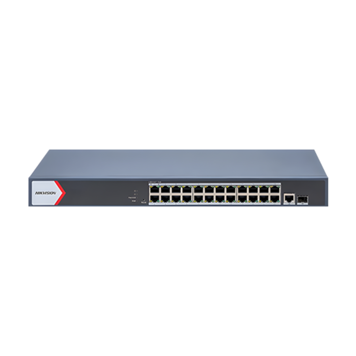 Комутатор 24 Gigabit PoE порта, 1 Gigabit SFP порт, 1 Gigabit RJ45 порт, 1U, управление - HIKVISION DS-3E1526P-EI-M