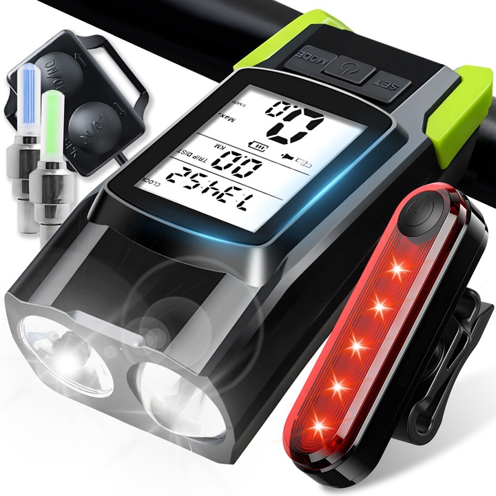Far Bicicleta Cu Ciclocomputer, 2 x LED (Fata, Spate), Claxon Incorporat, Afisare Viteza, Distanta, Acumulator 4000mah, Incarcare Usb, Rezistent La Apa, 4 Moduri Luminare, Negru, Retoo