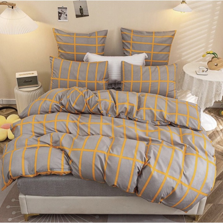 Lenjerie pat cu elastic Pucioasa, 1 Persoana, Bumbac Satinat, 4 piese, Cearceaf pilota 155 x 200 cm, Cearceaf pat cu elastic 140 x 200 cm, 2 fate de perna 55 x 75 cm, Dungulite, Gri/Galben, YE-17