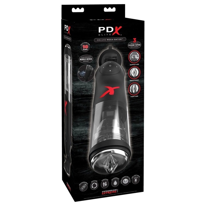 Masturbator PDX Elite cu 3 deschideri interschimbabile, 10 moduri de rotatie, 5 viteze, waterproof, 35,6cm x 5,9cm