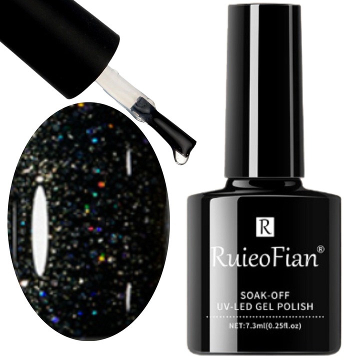 Hibrid körömlakk, OnlyU, Kötési idő 30-60 másodperc, UV fény, Glitter, 7,3 ml, Fekete
