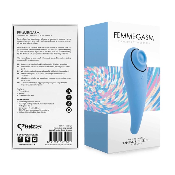 FemmeGasm vibrátor, FeelzToys, türkiz, 140x55x50mm, vízálló, 6 vibrációs mód