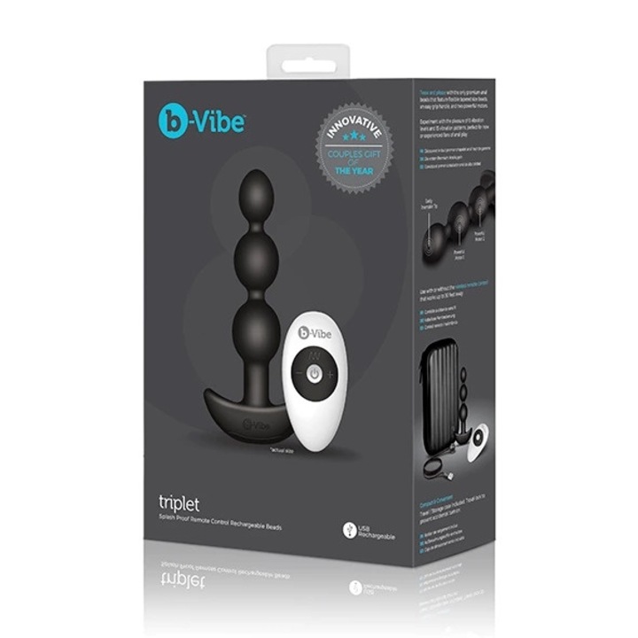 Rezgő anális labdák, B-Vibe, Triplet, 15 program, 2 motor, fekete, 13,8x3cm