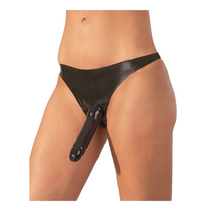 Chiloti erotici din latex, negru, cu dildo din latex, Late X, 16x4cm