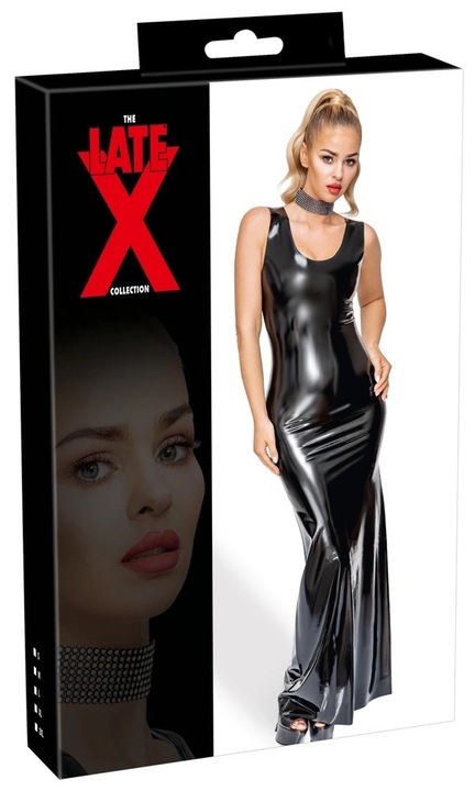 Fekete latex maxi ruha, LateX, 2XL, vékony pántokkal, 2XL