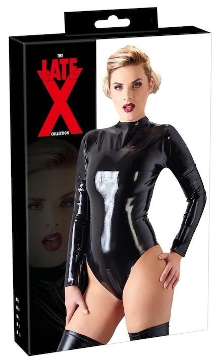 Body din latex cu fermoar, Late X, negru, marimea XL, 0,35 mm