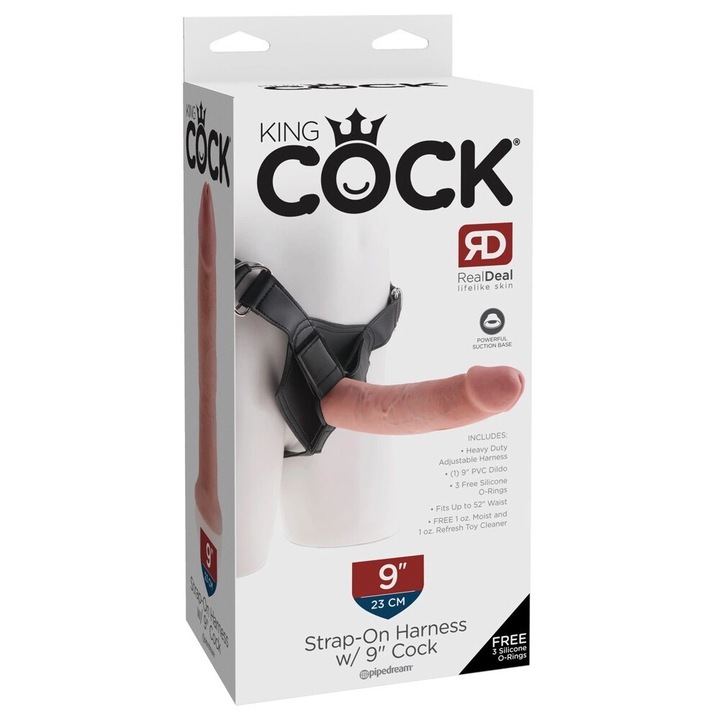 Dildo Strap-On King Cock 23 cm, culoare bej, dimensiuni 22,9x5,3cm, set cu dildo detasabil