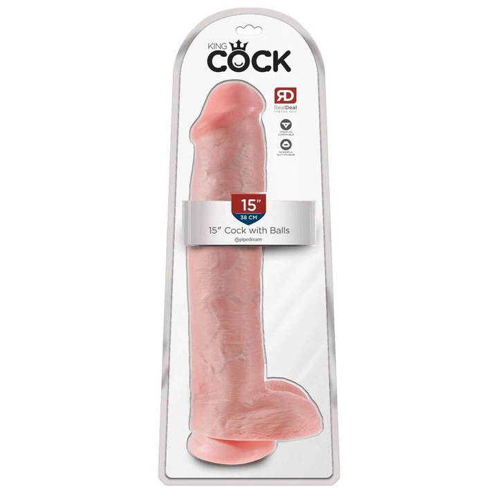 Dildo XXL cu Prindere, King Cock, 38,1cm, 7,6cm, PVC, Culoare Bej